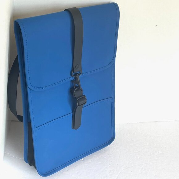 RAINS Small Backpack Blue Laptop Sleeve Commuter Vegan Flap Water Repellant - Picture 4 of 12